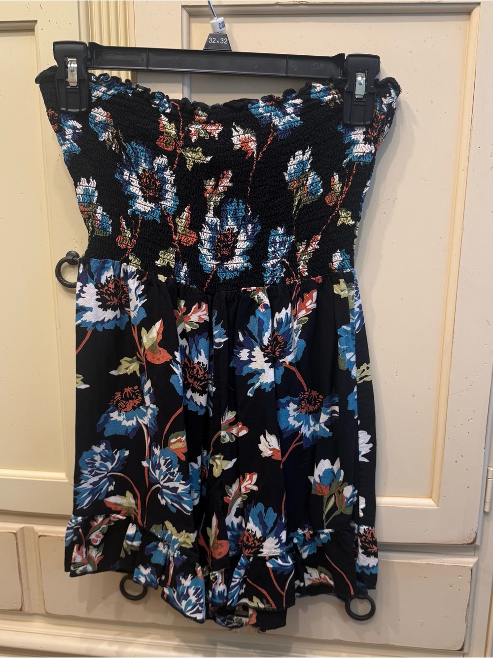 Black Floral Smocked Strapless Romper with Blue & White Blooms